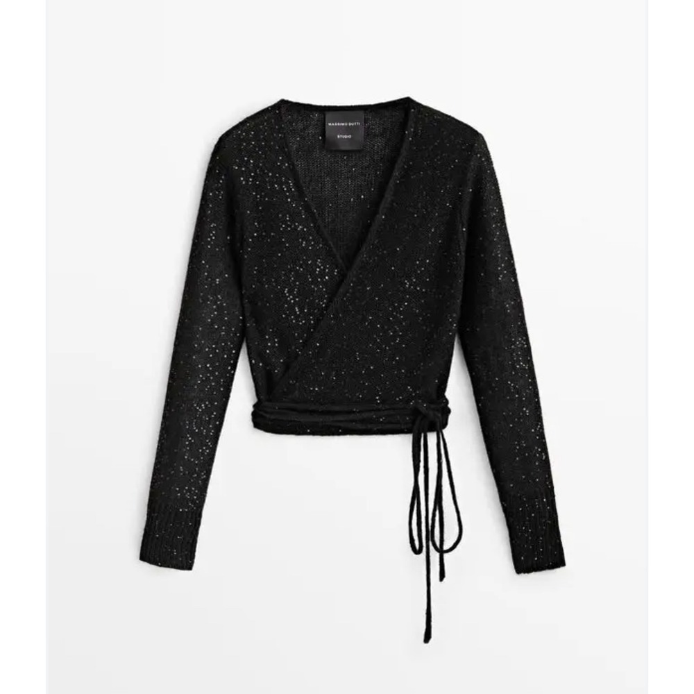 Massimo Dutti Studio Black Sequin Wrap Knit‎ Cardigan Sweater Studio Collection